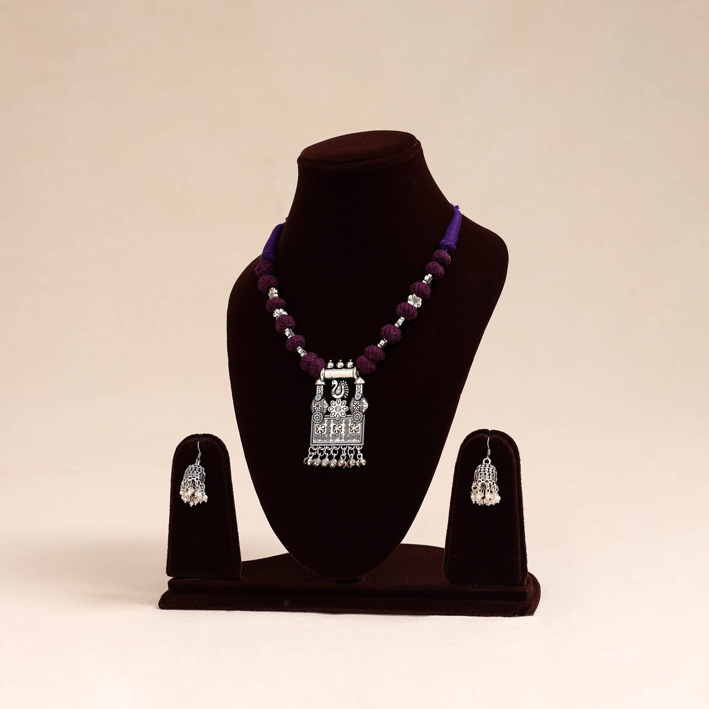 Purple German Silver Thread Beads Necklace Set