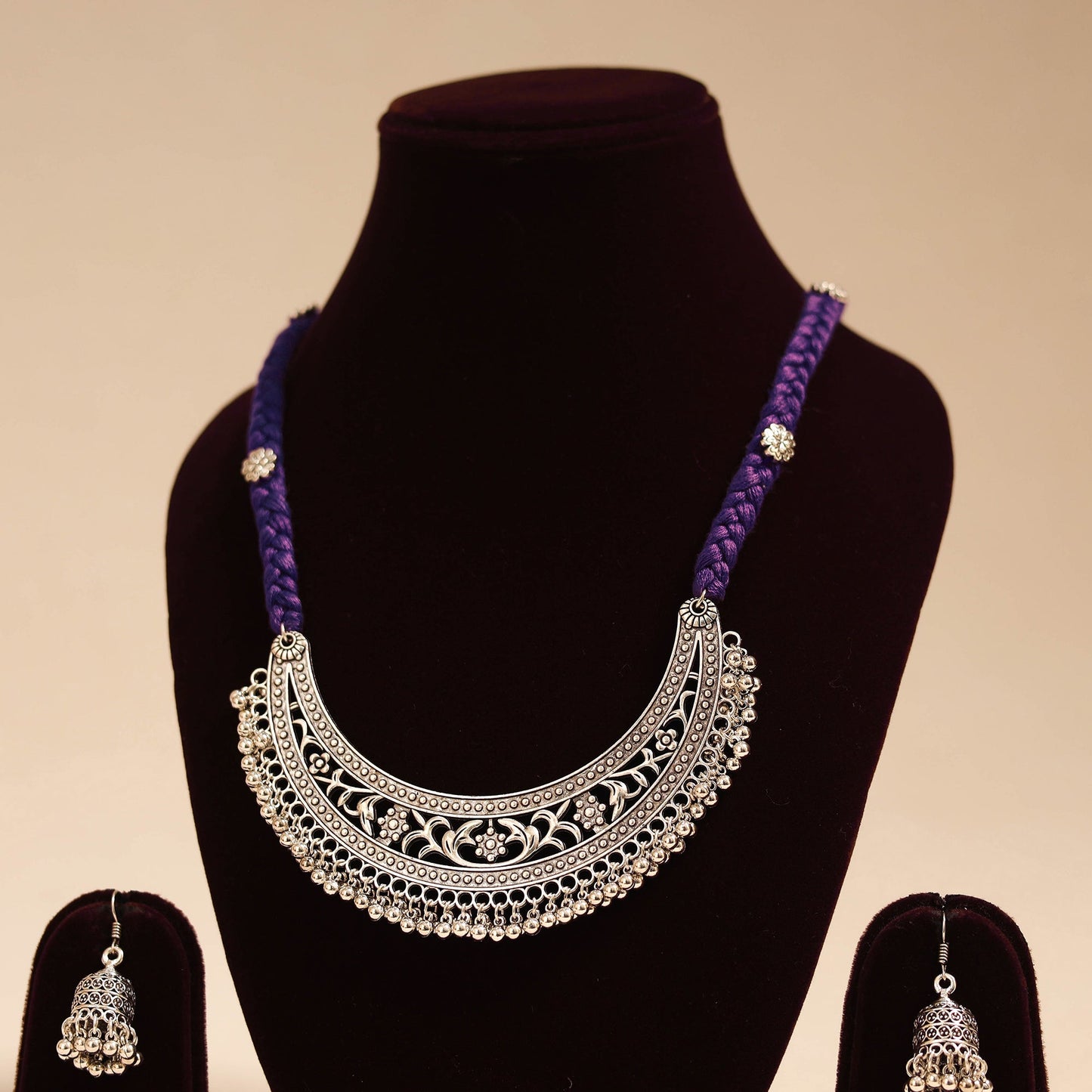 Purple - german silver thread braided necklace set 07