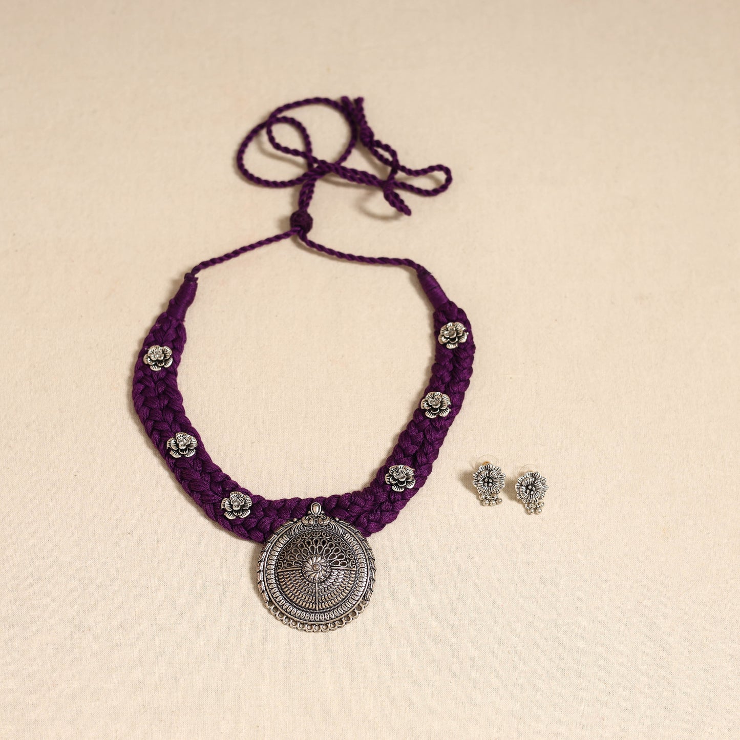 Purple - german silver thread braided necklace set 37