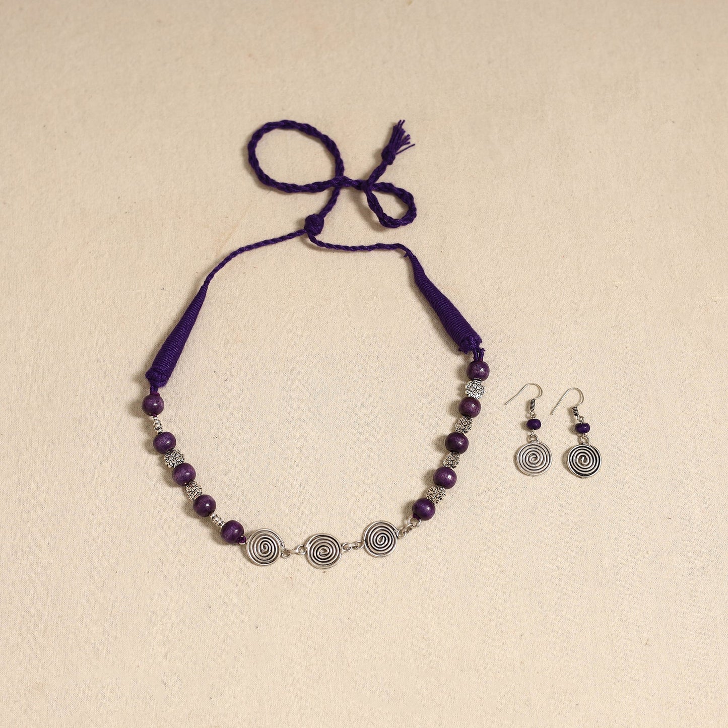 Purple - german silver wooden beads necklace set 15