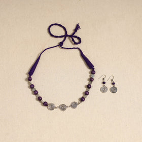 Purple - german silver wooden beads necklace set 15