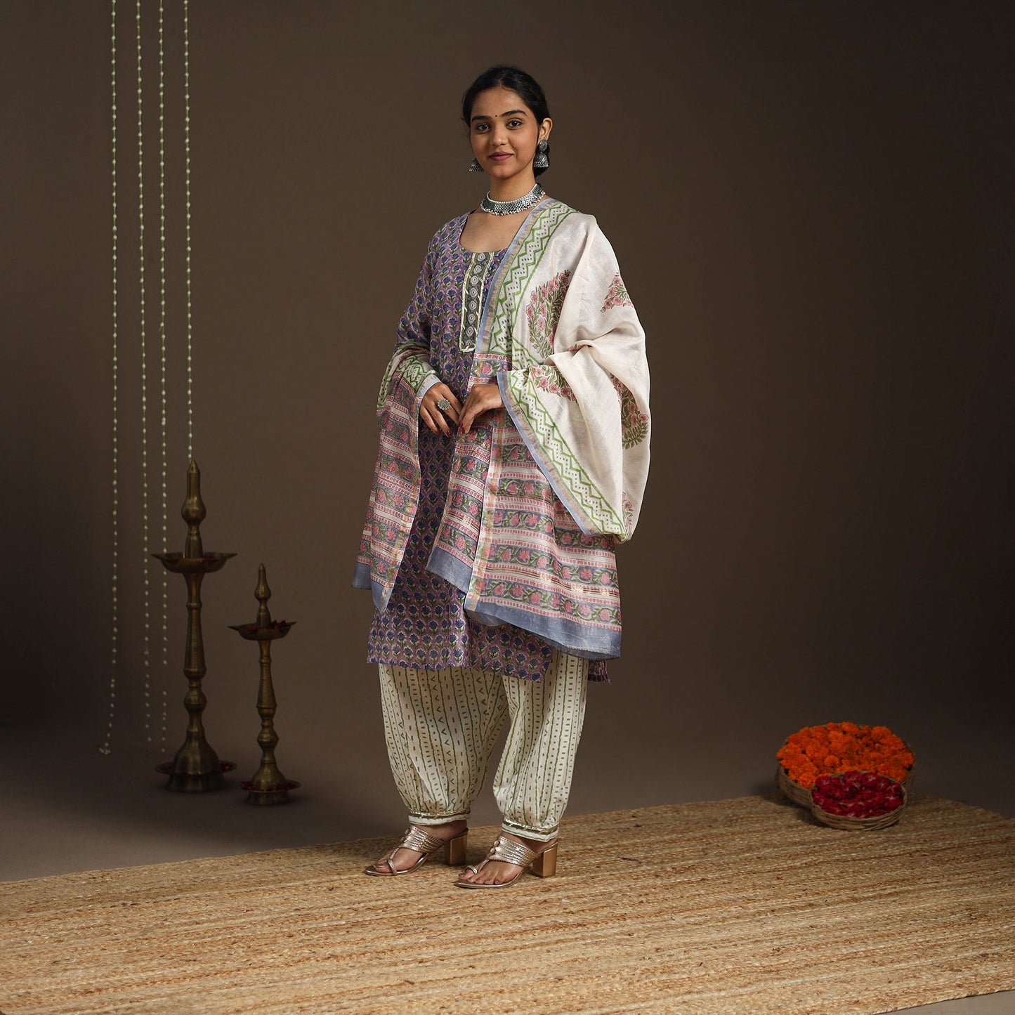 Purple - gota work chanderi silk sanganeri kurta set (set