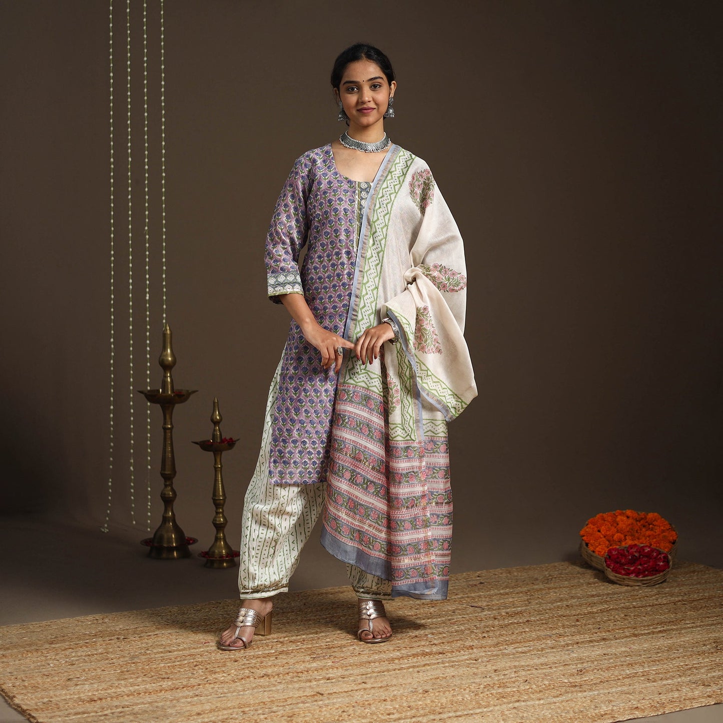 Purple - gota work chanderi silk sanganeri kurta set (set