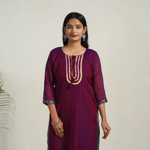 Purple - gota work mercerised cotton straight dharwad kurta