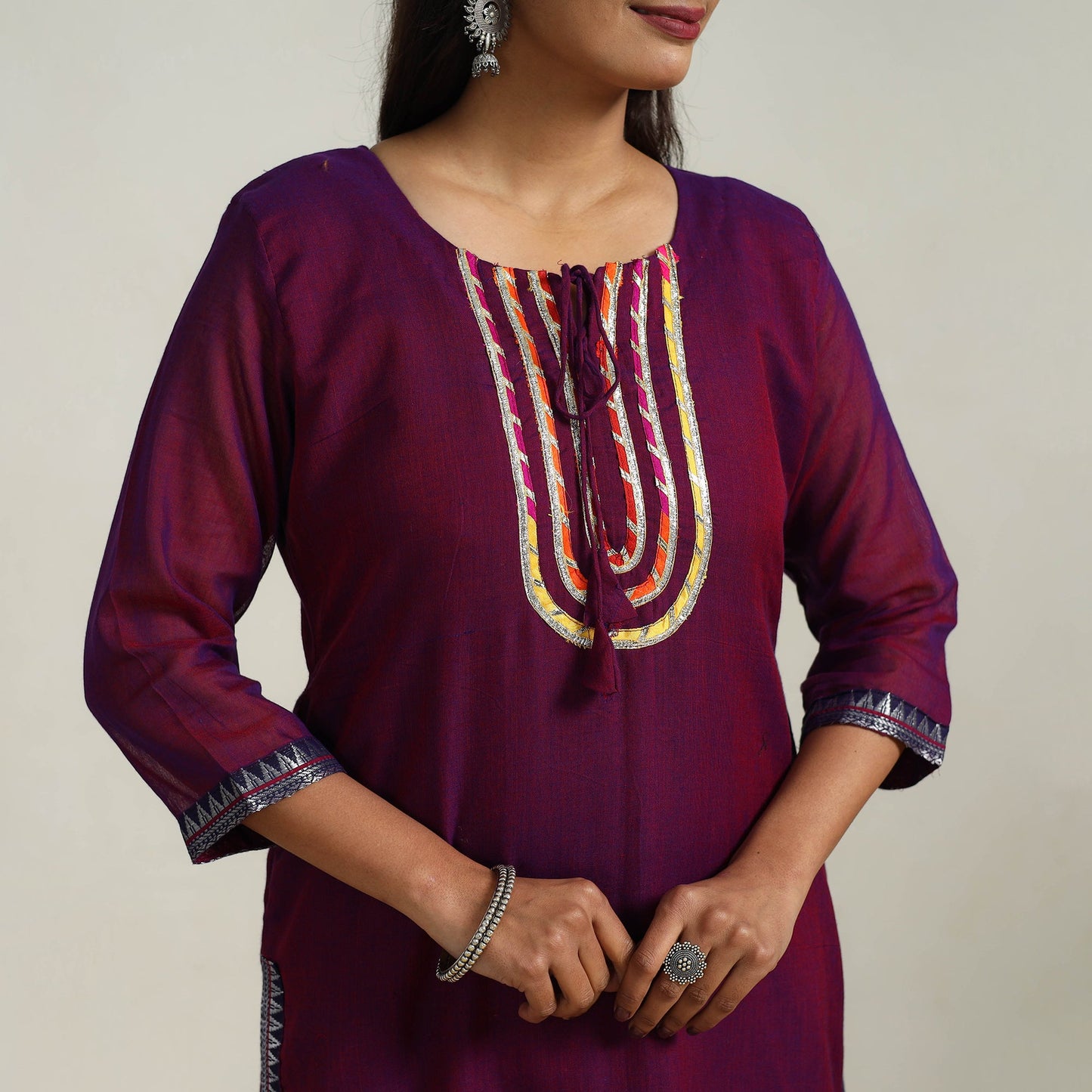 Purple - gota work mercerised cotton straight dharwad kurta