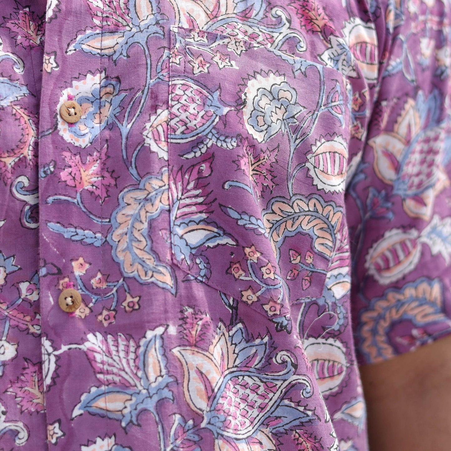 Purple Half Sleeve Block Print Cotton Men Sanganeri Shirt