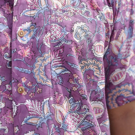 Purple Half Sleeve Block Print Cotton Men Sanganeri Shirt