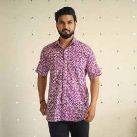 Purple Half Sleeve Cotton Men Hand Batik Print Shirt