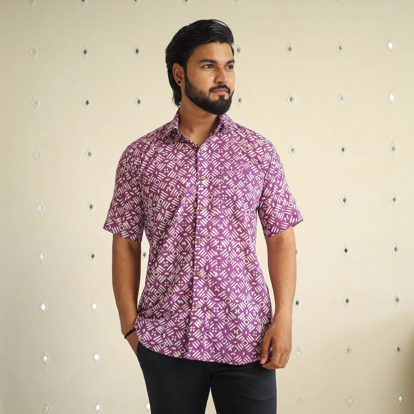 Purple Half Sleeve Cotton Men Hand Batik Print Shirt