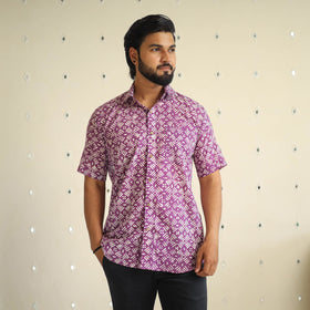 Purple Half Sleeve Cotton Men Hand Batik Print Shirt