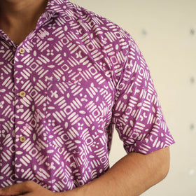 Purple Half Sleeve Cotton Men Hand Batik Print Shirt