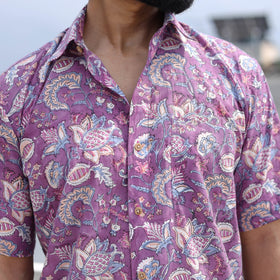 Purple Half Sleeve Block Print Cotton Men Sanganeri Shirt