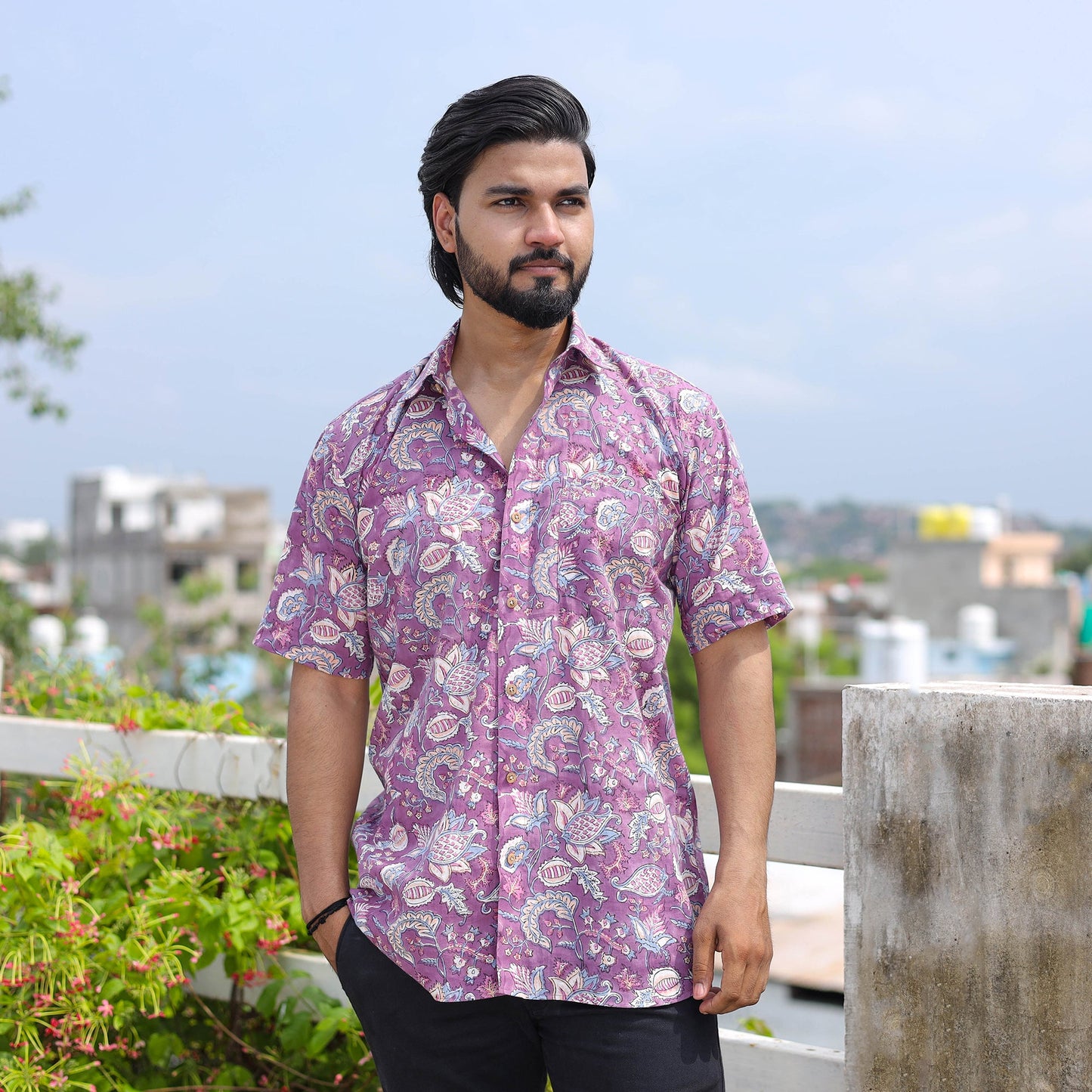 Purple Half Sleeve Block Print Cotton Men Sanganeri Shirt