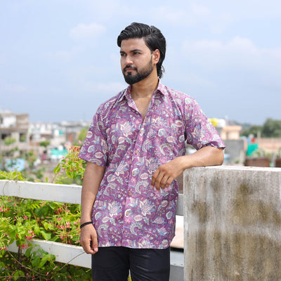Purple Half Sleeve Block Print Cotton Men Sanganeri Shirt