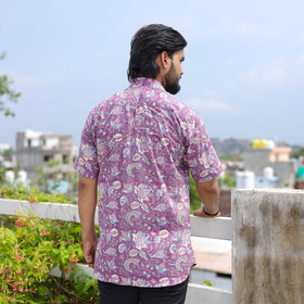 Purple Half Sleeve Block Print Cotton Men Sanganeri Shirt