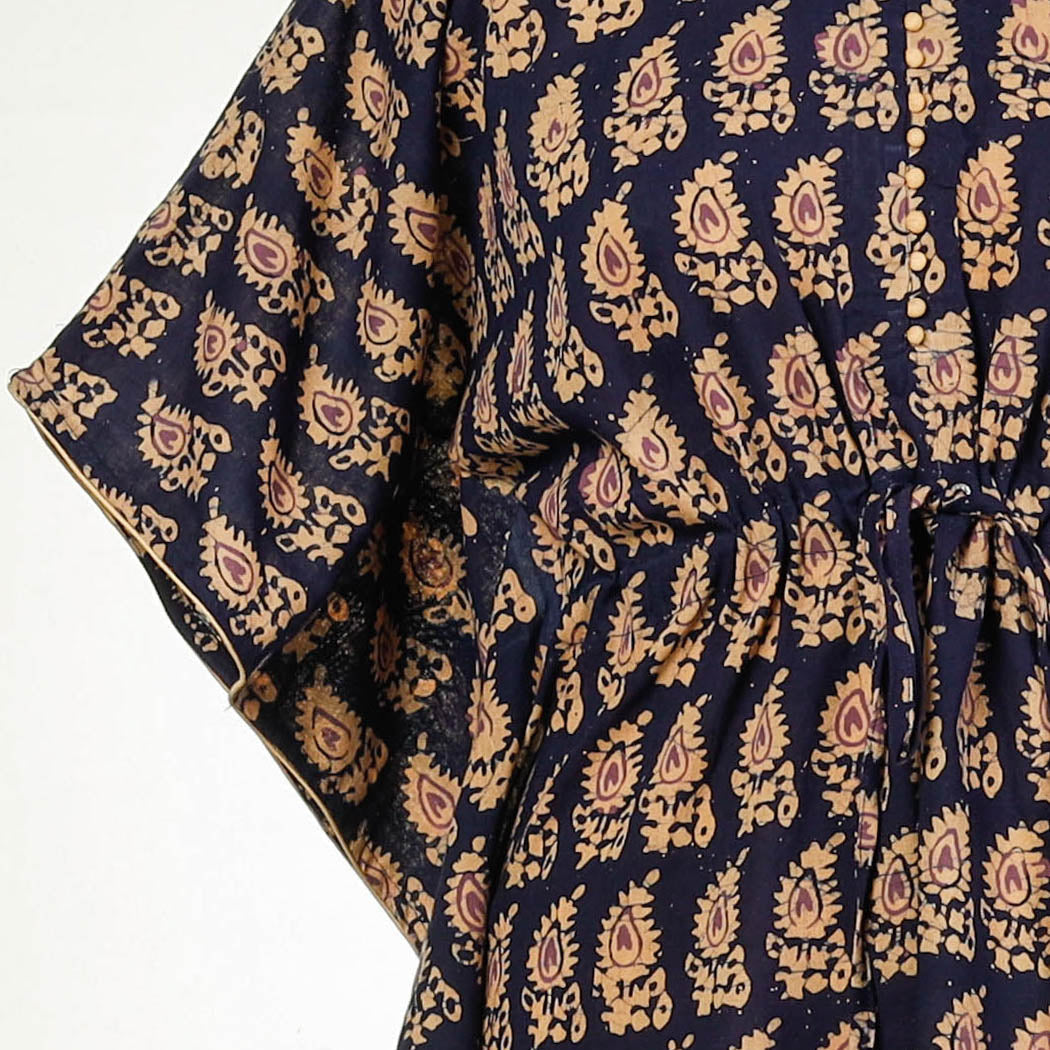 Purple - Hand Batik Printed Cotton Kaftan with Tie-Up Waist (Long)