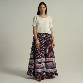 Purple Hand Batik Printed Running Stitch Cotton Long Skirt