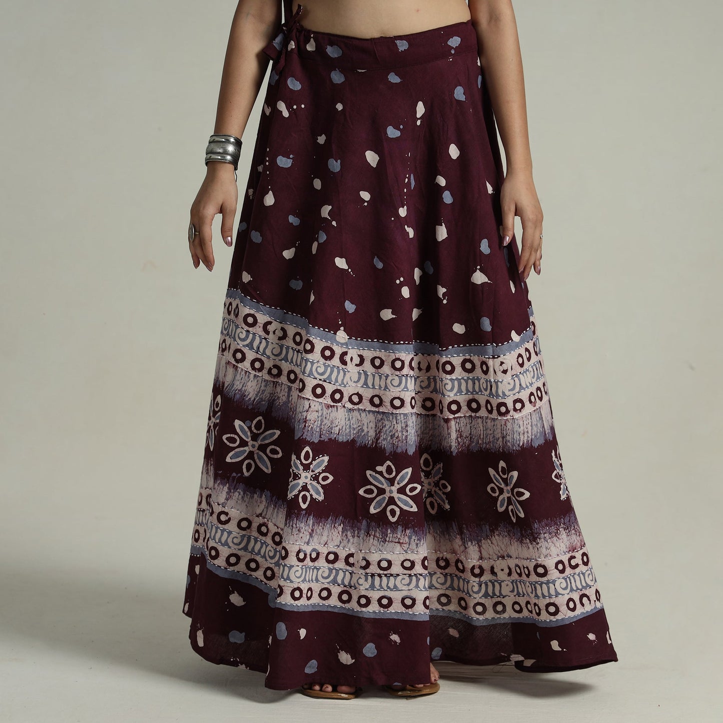 Purple Hand Batik Printed Running Stitch Cotton Long Skirt