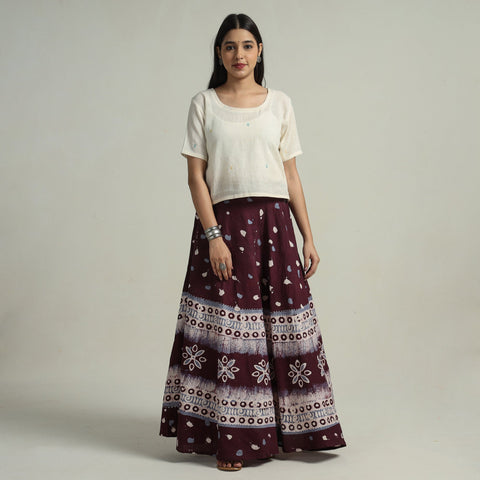 Purple Hand Batik Printed Running Stitch Cotton Long Skirt