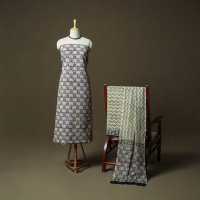 Hand block bagru print cotton 3pc unstitched dress material