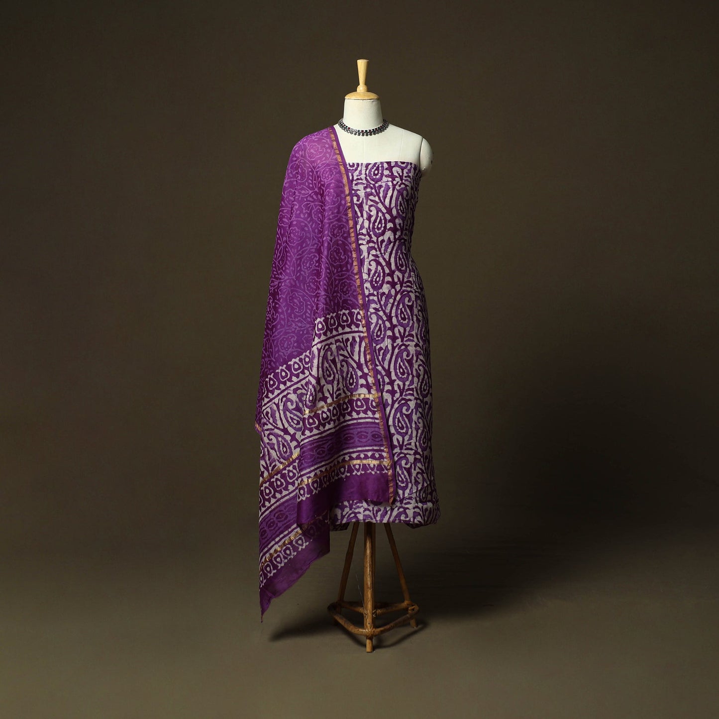 Hand block batik print chanderi silk 3pc unstitched dress