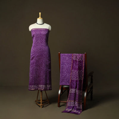 Hand block batik print chanderi silk 3pc unstitched dress
