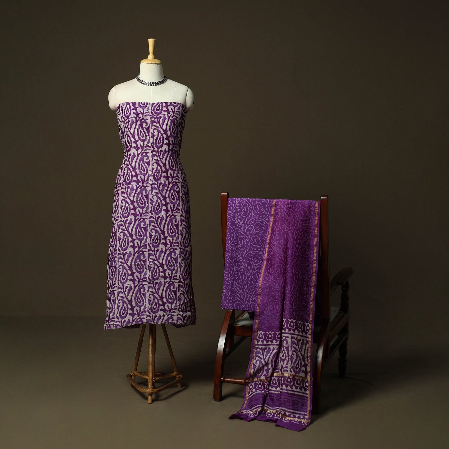 Hand block batik print chanderi silk 3pc unstitched dress