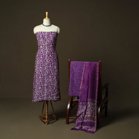 Hand block batik print chanderi silk 3pc unstitched dress