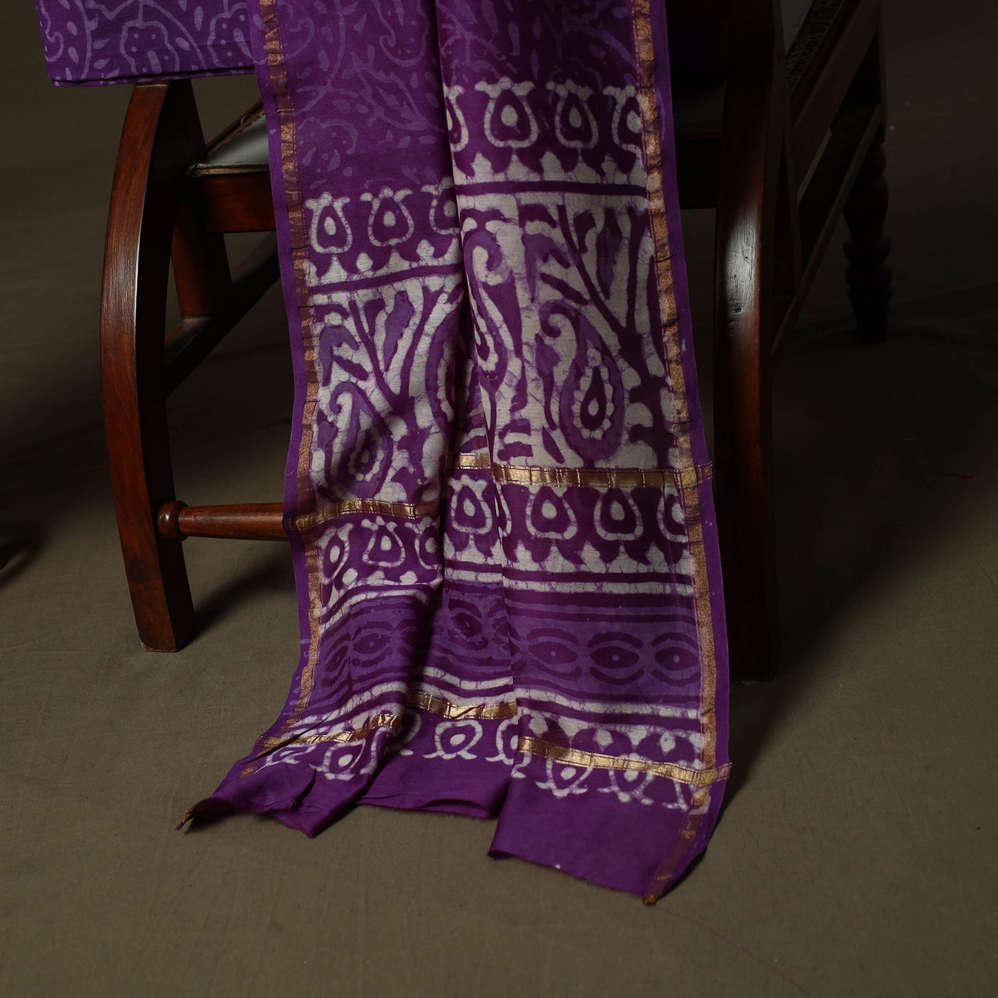 Hand block batik print chanderi silk 3pc unstitched dress