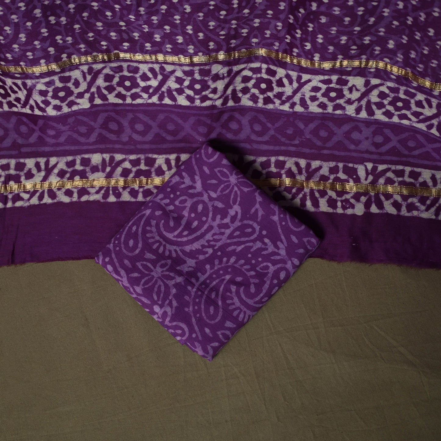 Hand block batik print chanderi silk 3pc unstitched dress
