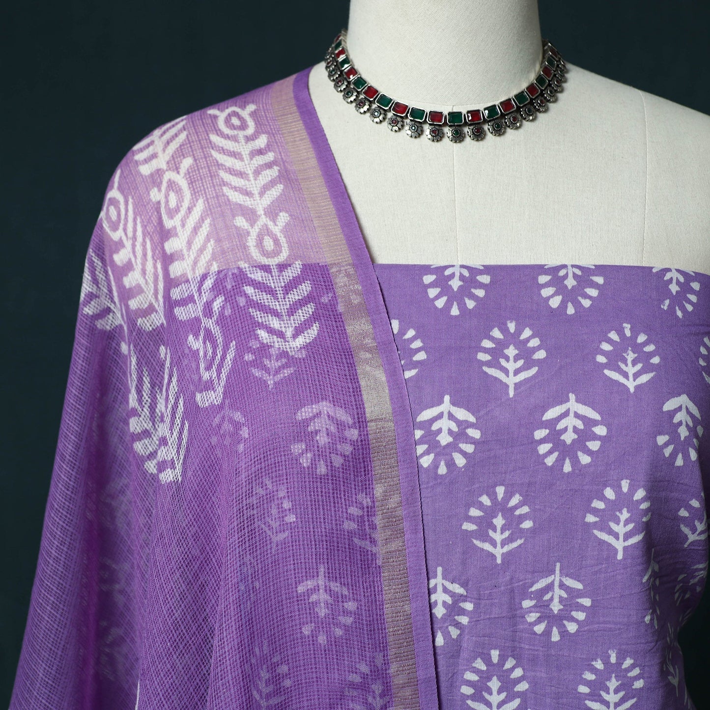 Hand block jaipur print cotton 3pc unstitched dress