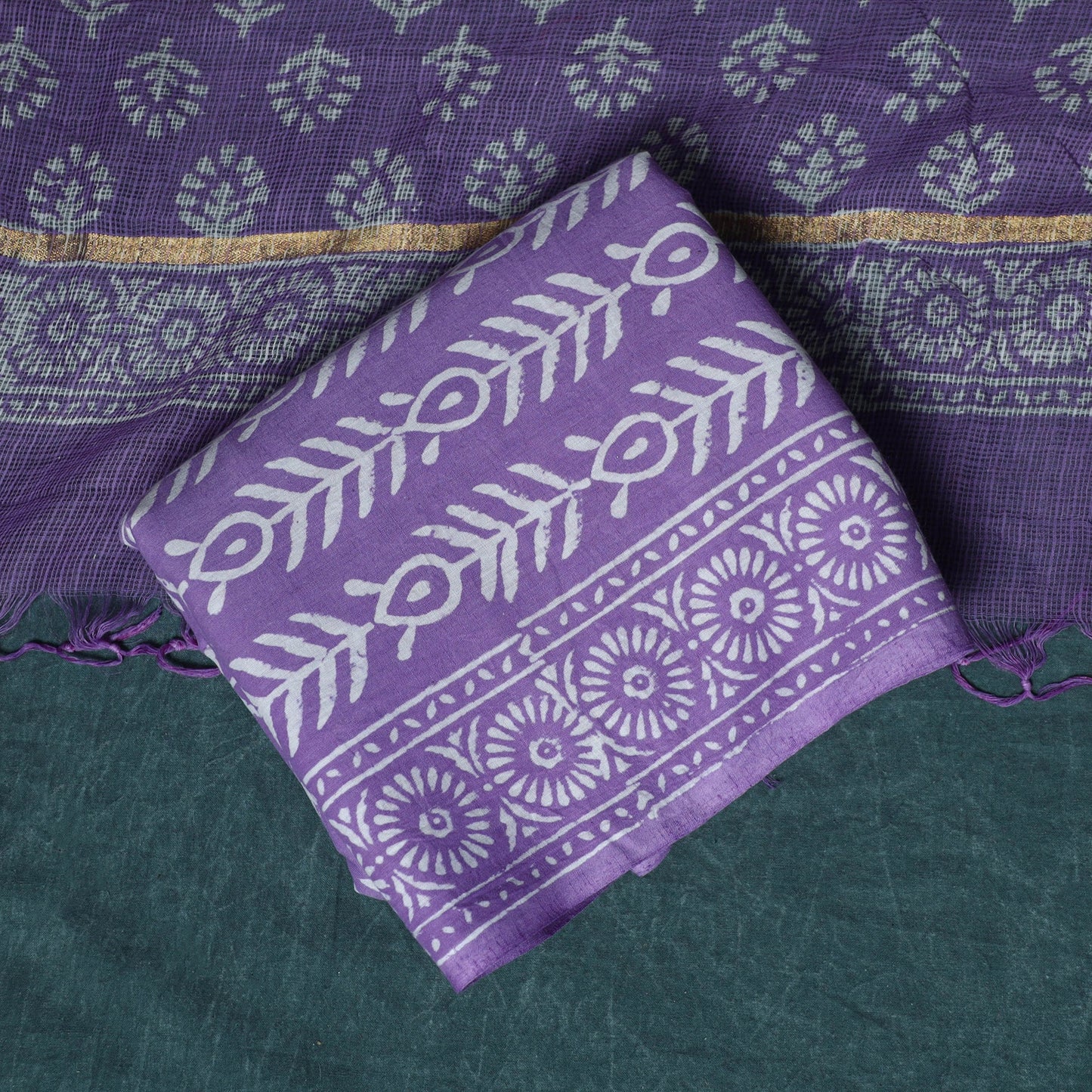 Hand block jaipur print cotton 3pc unstitched dress