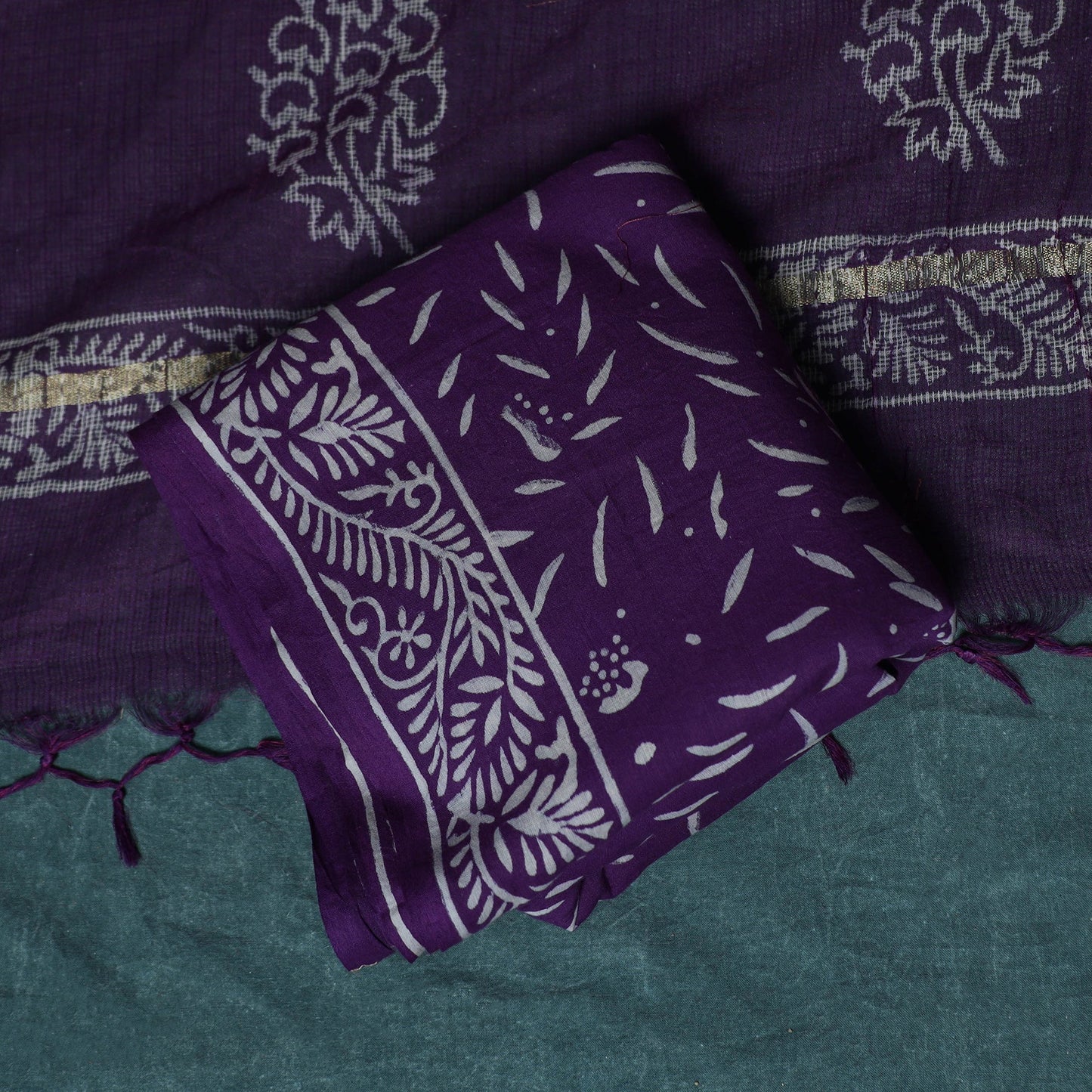 Hand block jaipur print cotton 3pc unstitched dress