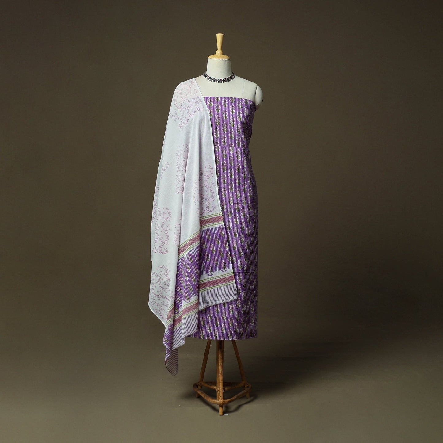 Hand block print cotton sanganeri 3pc unstitched dress