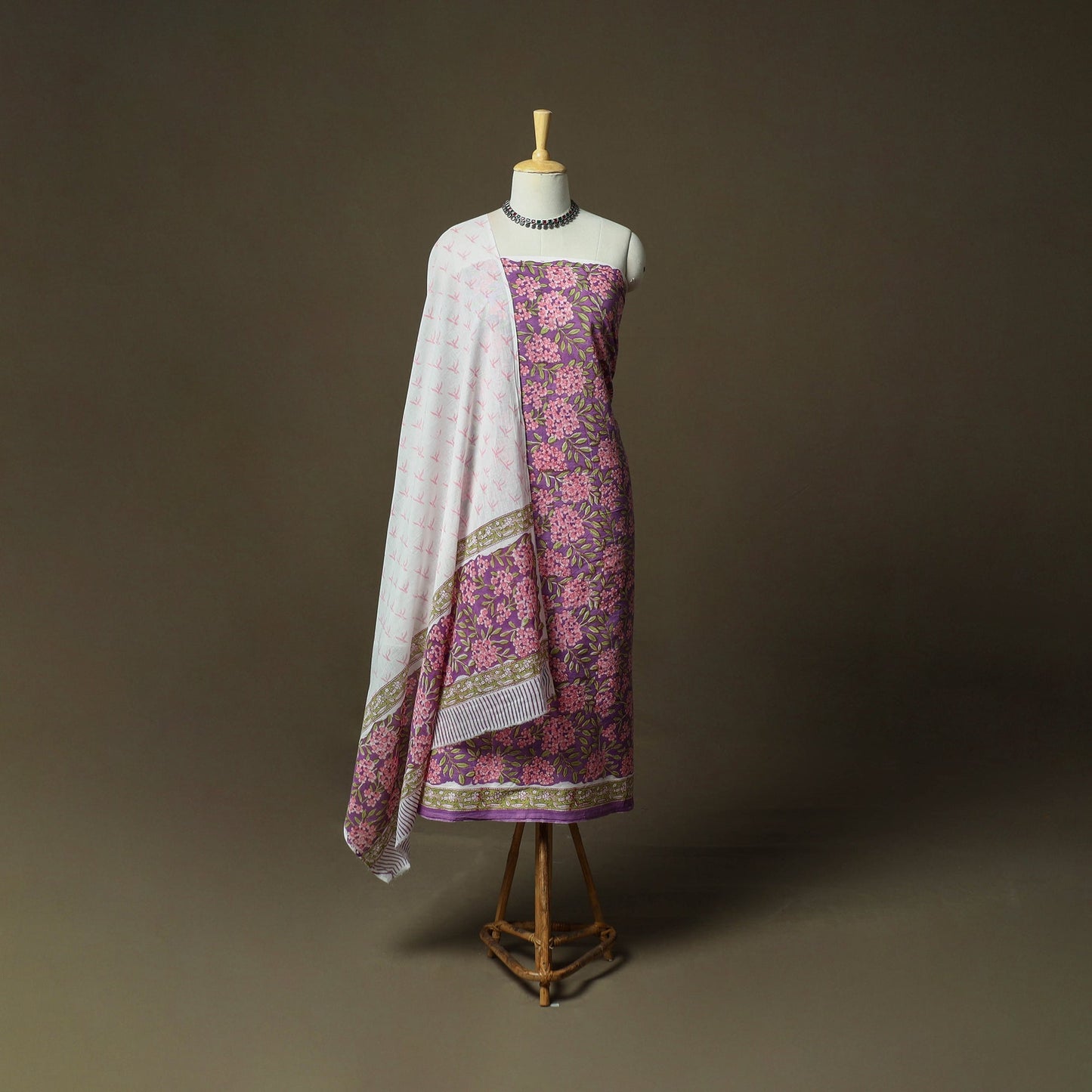 Hand block print cotton sanganeri 3pc unstitched dress