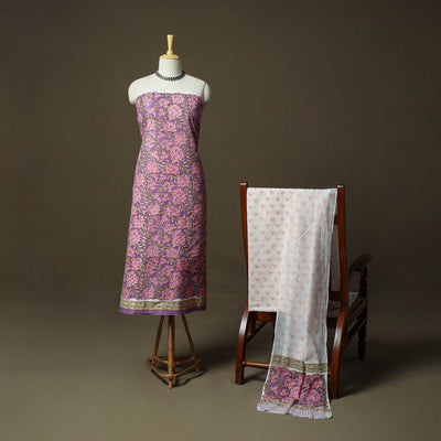 Hand block print cotton sanganeri 3pc unstitched dress