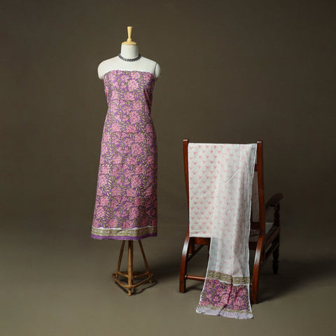 Hand block print cotton sanganeri 3pc unstitched dress