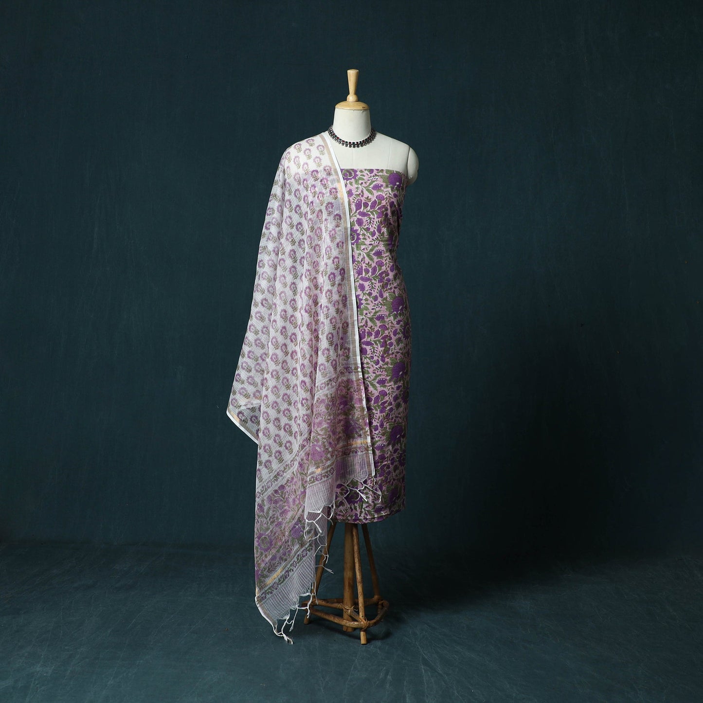 Hand block print sanganeri cotton 3pc unstitched dress