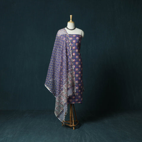 Hand block print sanganeri cotton 3pc unstitched dress