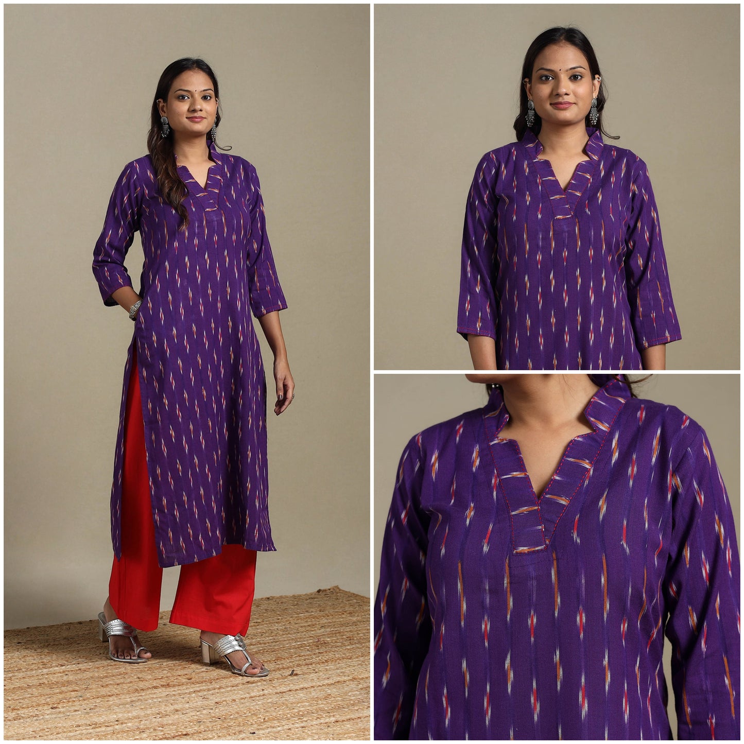 Purple - hand embroidered cotton straight pochampally ikat