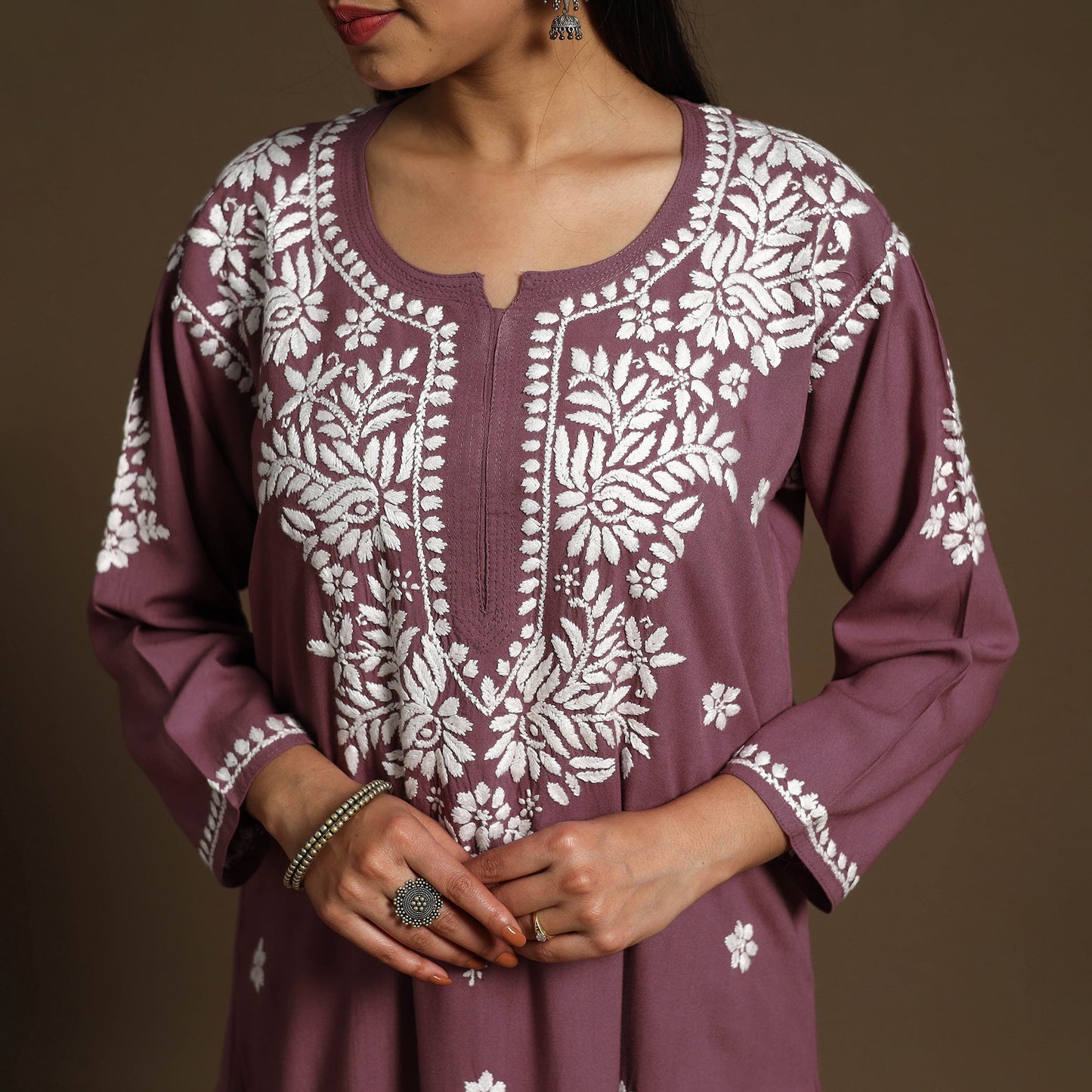Purple Hand Embroidered Rayon Chikankari Kurta with Pant Set
