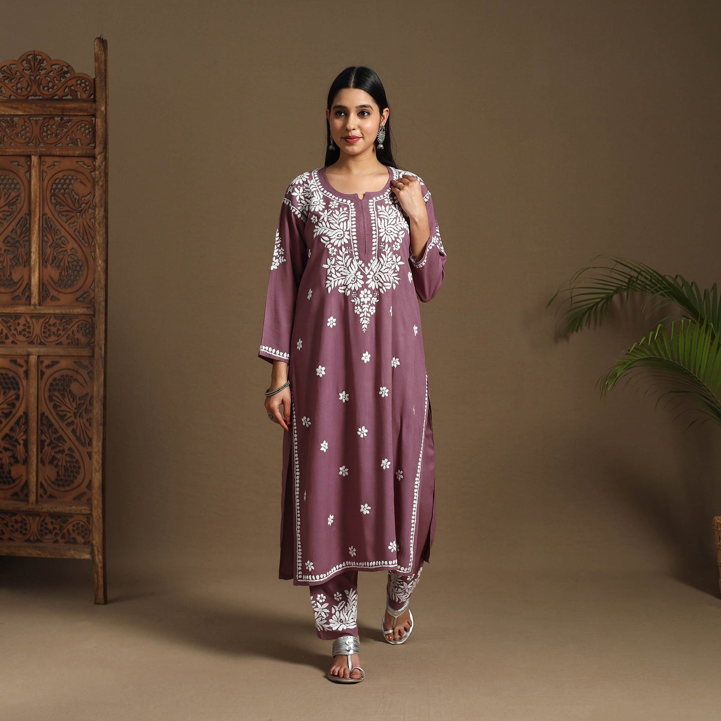 Purple Hand Embroidered Rayon Chikankari Kurta with Pant Set