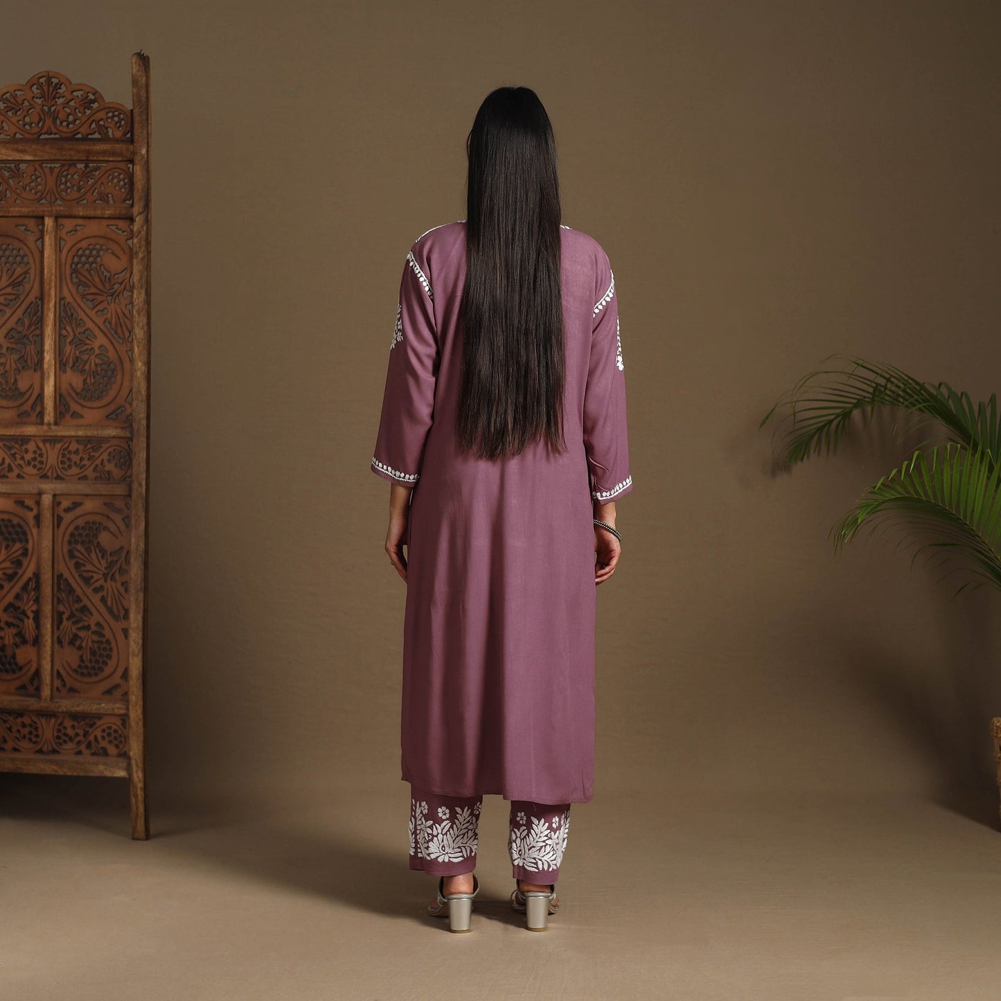 Purple Hand Embroidered Rayon Chikankari Kurta with Pant Set