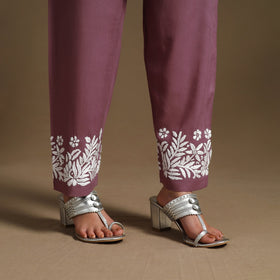Purple Hand Embroidered Rayon Chikankari Kurta with Pant Set