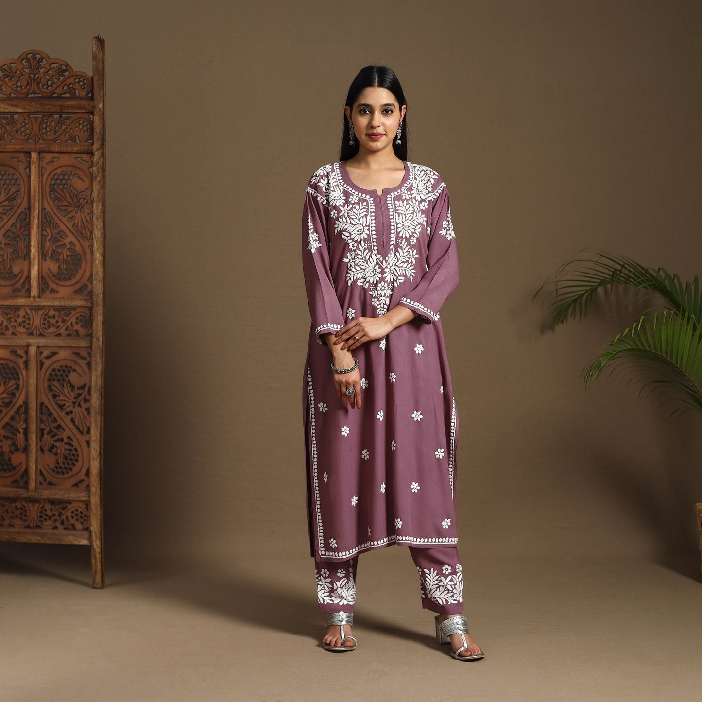 Purple Hand Embroidered Rayon Chikankari Kurta with Pant Set
