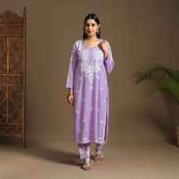 Purple Hand Embroidered Rayon Chikankari Kurta with Pant Set