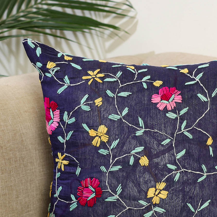 Purple Hand Embroidered Cushion Cover in Chanderi Silk