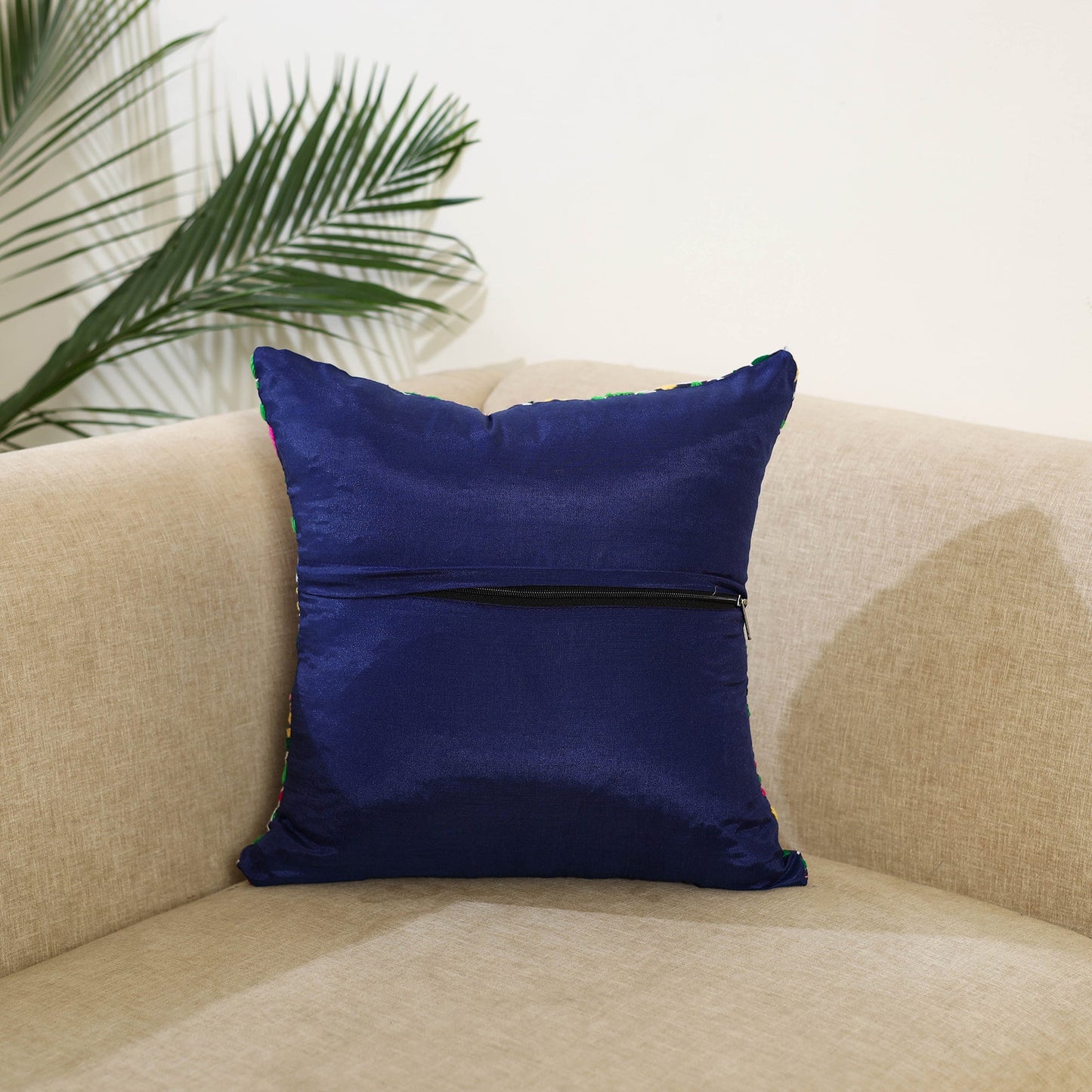 Purple Hand Embroidered Cushion Cover in Chanderi Silk