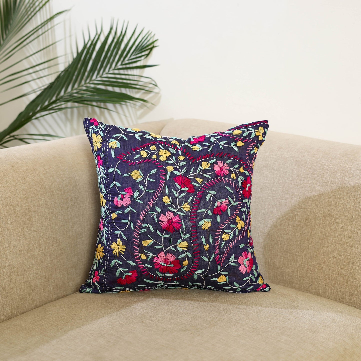Purple Hand Embroidered Cushion Cover in Chanderi Silk