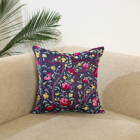 Purple Hand Embroidered Cushion Cover in Chanderi Silk